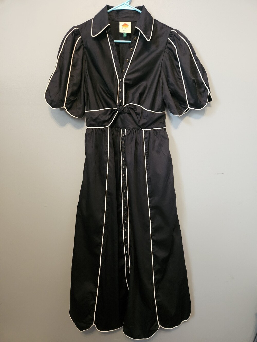 Farm Rio Black Cotton Twist Front Button-up Midi Shirt Dress Medium M Piping